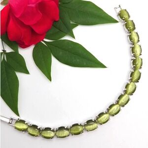 Silvertone‎ 7" Bracelet with Prong Set Olive Green Cats Eye Gemstones